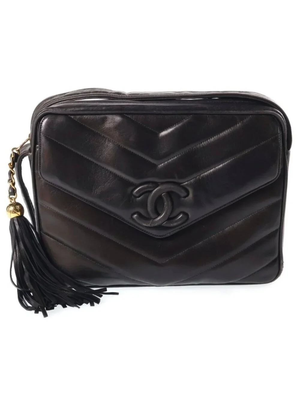Chanel V-stitch Fringe Shoulder Bag Black Lambskin Gold